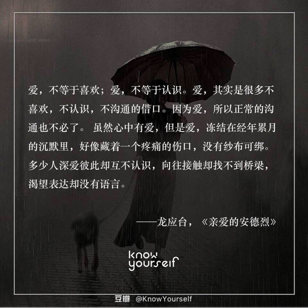 爱，不等于喜欢；爱，不等于认识。爱，其实是很多不喜欢，不认识，不沟通的借口。因为爱，正常的沟通也不必了。 虽然心中有爱，但是爱冻结在经年累月的沉默里，好像藏着疼痛的伤口，没有纱布可绑。多少人深爱彼此却互不认识，向往接触却找不到桥梁，渴望表达却没有语言。（龙应台，《亲爱的安德烈》）