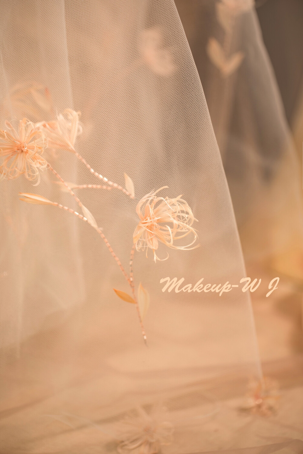 浅橘色头纱制作
将羽毛以条状拉丝
粘接花型
钩针绣勾勒出茎叶
立体法式绣➕轻盈羽毛
自头纱尾部向上延伸
影影绰绰·高级感
头纱制作浪浪老师
来自【高级手工班】