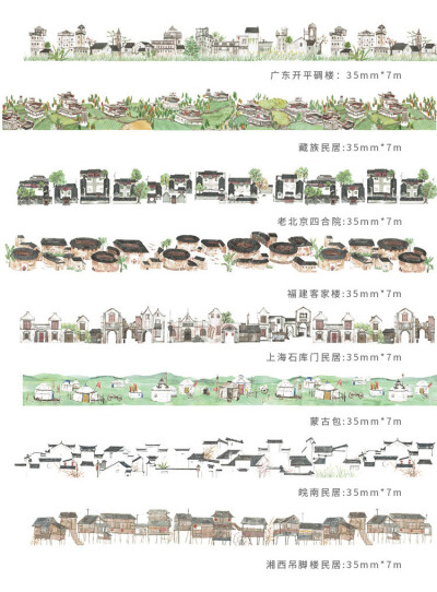 一宅手记和纸胶带中国特色民居系列四合院客家楼等8款循环分装