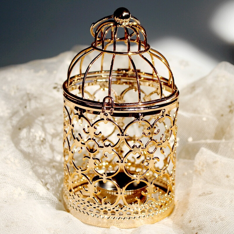 欧式镂空铁艺烛台摆件金色电镀装饰鸟笼花纹圣诞蜡烛台婚庆道具