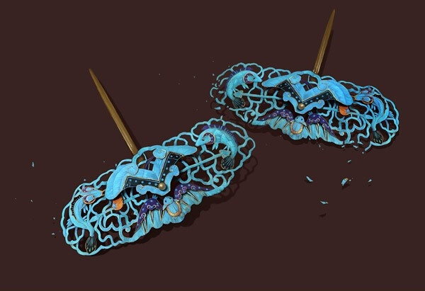 陈柏言'S 画 双鱼蝙蝠点翠双钗复原图（北京故宫馆藏），尝试了表现翠鸟羽毛特有的光泽感。这个钗里包含了灵芝，蝙蝠，方天画戟和鱼的元素
