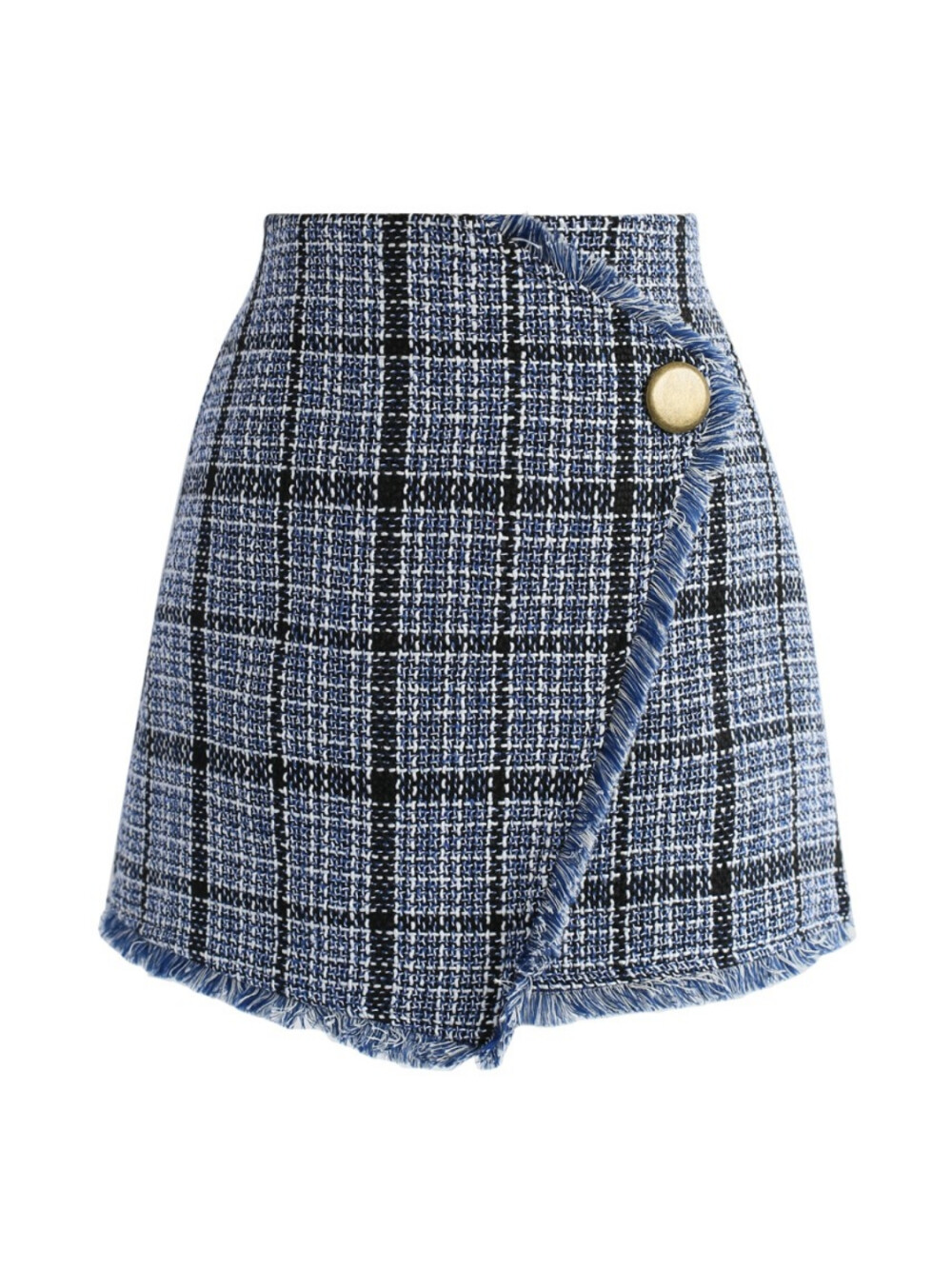 Winsome Asymmetry Grid Tweed Flap Skirt in Navy : You winsome, you win it all! Tweed is all you need this fall when you’re going the mini-skirt route. Its asymmetrical cute, soft-fringed detail and large but simplistic button make it a fun way to play wit