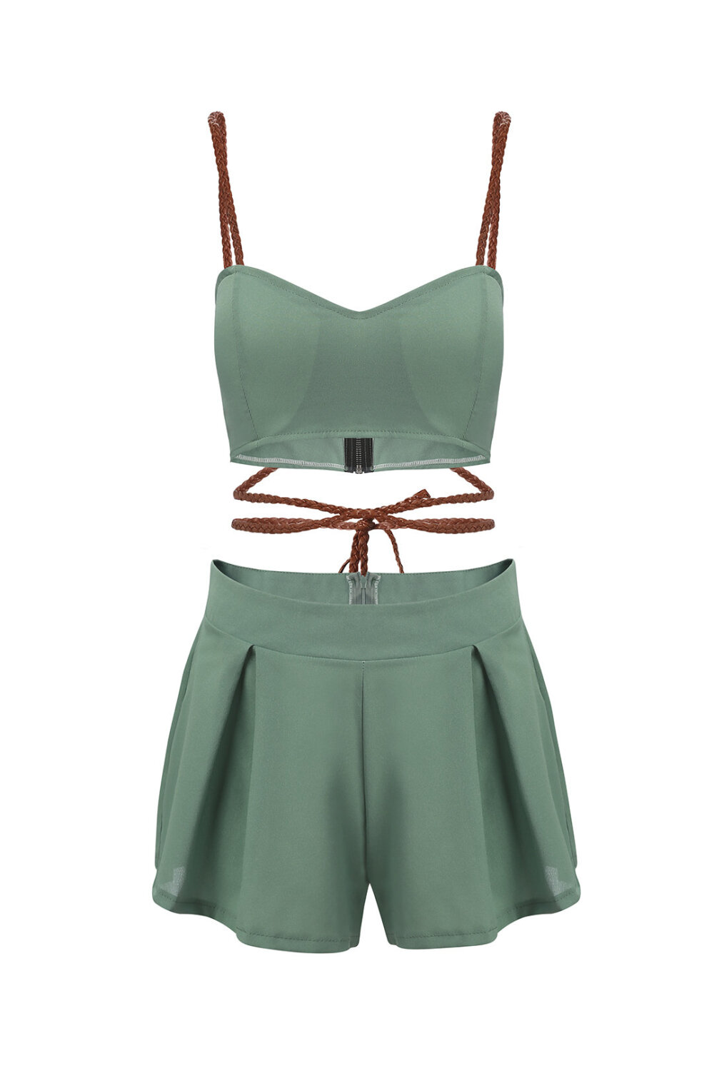 Crossed Chain Bralet &amp; Pleated Hem Skorts Co-ord - US$13.95 -YOINS : A crossed chain bralet and a pleated hem skorts make this pure colour co-ord super flattering, featuring back zip and cozy fabric. Pair it with a simple sandals and wait for complime