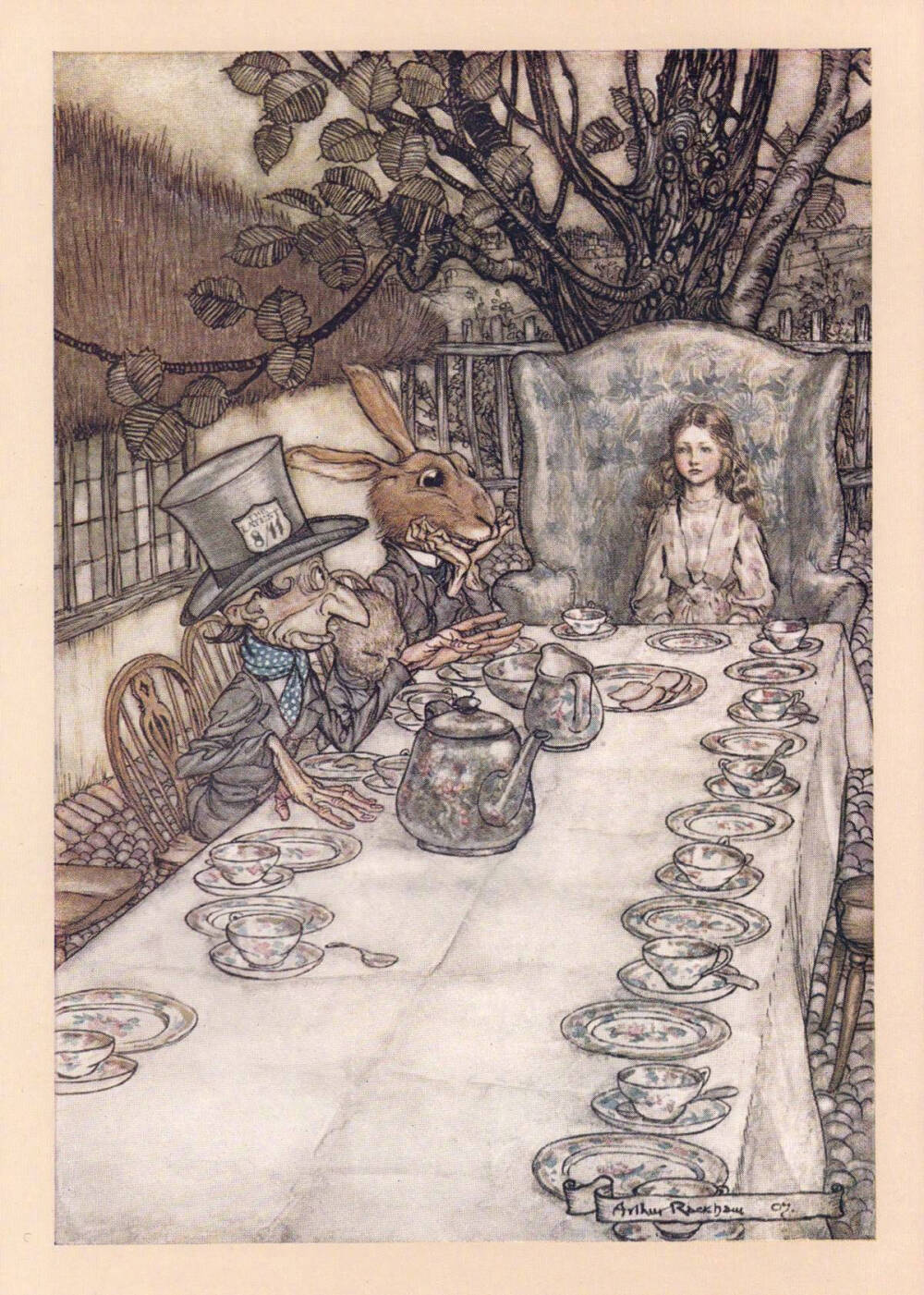 1907年英国插画家Arthur Rackham绘制的Lewis Carroll经典童话《爱丽丝梦游仙境》，从此一举成名，此後他画了许多著名的作品，包括《仲夏夜之梦》、《尼布龙根的指环》。。。Rackham的画有点邪邪的，但是透露出神秘与奇幻的元素和气氛。