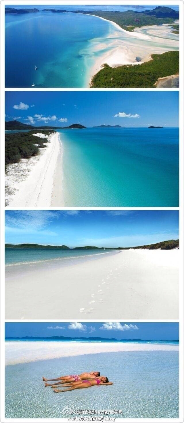 澳洲最美海灘：Whitehaven Beach，昆士蘭圣靈群島Whitsunday Island上的白色天堂海灘被TripAdvisor 評(píng)為世界第三美的海灘，海岸線上到處都是紅樹林，7公里潔白的沙灘由98%的純二氧化硅組成，白硅砂非常細(xì)膩，堪稱世界最干凈的沙灘。