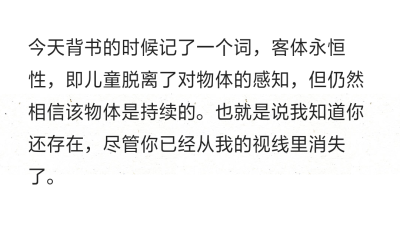 今天背书的时候记了一个词，客体永恒性，即儿童脱离了对物体的感知，但仍然相信该物体是持续的。也就是说我知道你还存在，尽管你已经从我的视线里消失了。