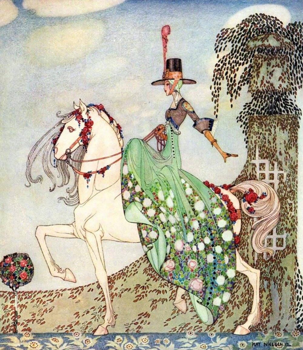 对安徒生童话诠释得最贴切的19世纪丹麦插图画家——Kay Nielsen。和大多数前卫艺术家一样Nielsen在他的那个年代没有得到认可，强烈的个人风格，冷峻锐利的线条、大胆突兀的色调、华丽浓重的气质与当时的主旋律格格不入。在Nielsen去世后艺术成就得了评论家的欢心，得到追捧。