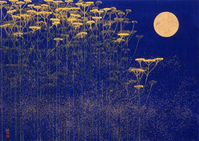 日本画家「平松禮二」的山色水月画，美丽的质感颜色。