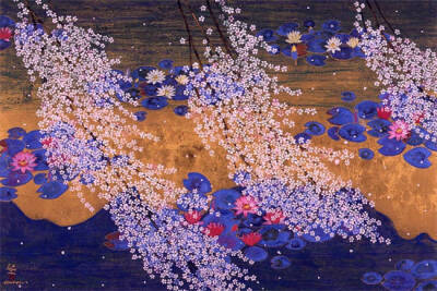 日本画家「平松禮二」的山色水月画，美丽的质感颜色。