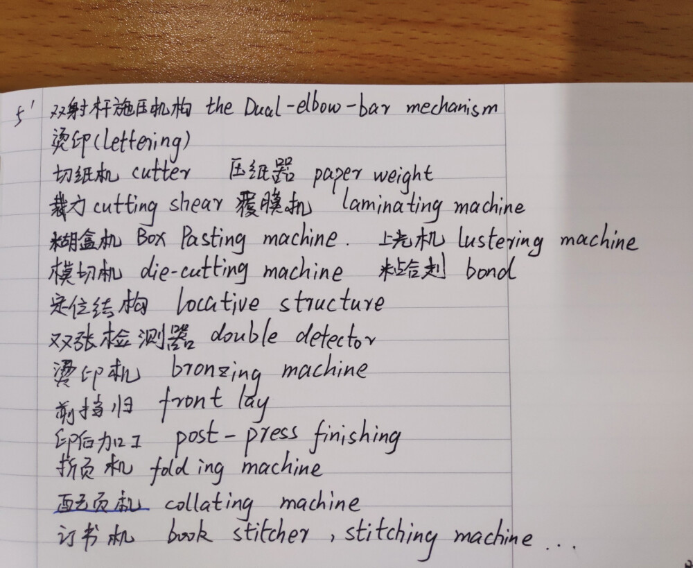 双射杆施压机构:the Dual-elbow-bar mechanism;
烫印:lettering;
切纸机:cutter;压纸器:paper weight;
裁刀:cutting shear;
覆膜机:laminating machine;
糊盒机:Box Pasting machine;
上光机:lustering machine;
摸切机:die-cutting machine;
粘合剂:bond;
定位结构:locative structure;
双张检测器:double detector;
烫印机:bronzing machine;
前挡归:front lay;
印后加工:post-press finishing;
折纸机:folding machine;
配页机:collating machine;
订书机:book stitcher,stitching machine…