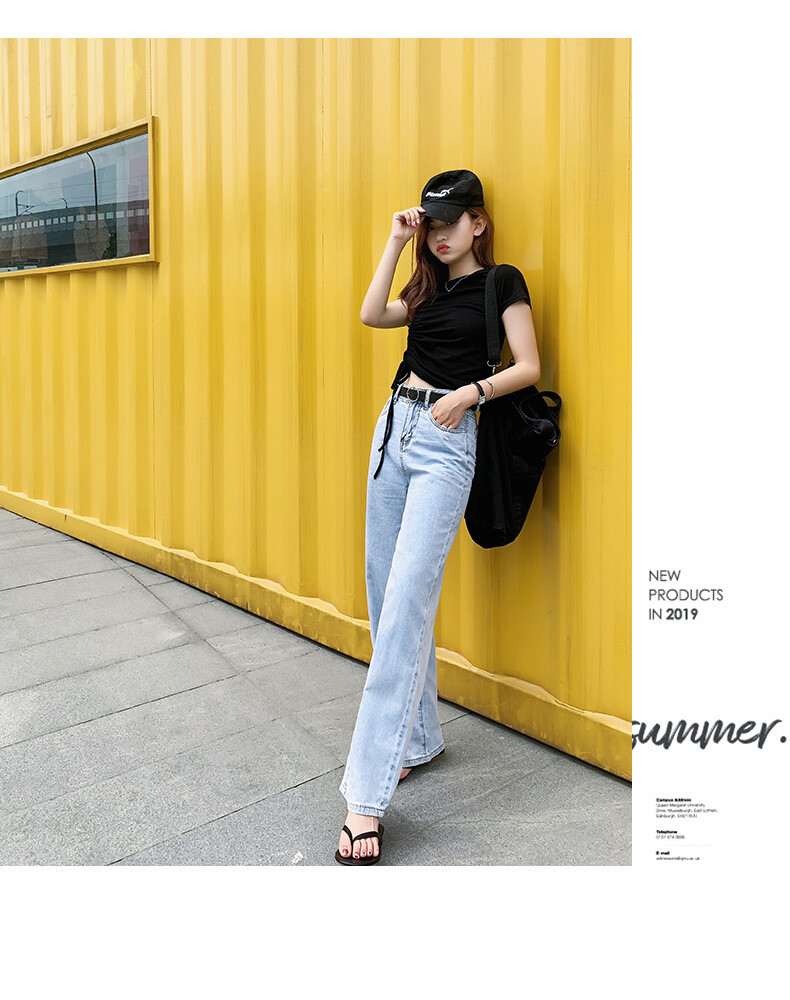 实拍2019夏季新款韩版ins女装 设计感T恤+牛仔阔腿裤腰带收腰套装