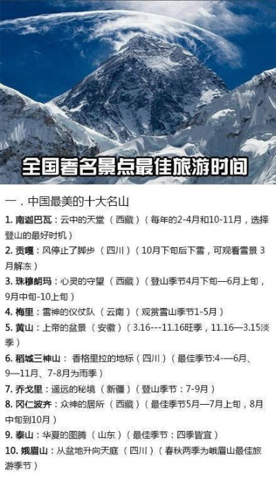 出行必备：一份最新全国各地旅游最佳时间表最美五大山峰、十大峡谷、五大沙漠、八大海岸、六大瀑布、十大名山、七大丹霞.送给爱好旅行的人