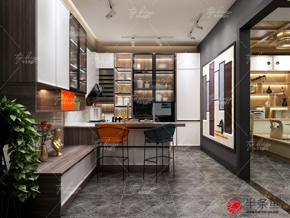[半条鱼展厅设计赏析]
“一个人只有今生今世是不够的，他还应当有诗意的世界”     精致高级的厨房总是在增添我们生活中的美感。而真正的高级感，虽然和价格有关，但更重要的还是色调、材质、空间格局等多种元素共同搭配，才能形成足够的视觉冲击力，给人明显的高级感。
展厅设计电话: 155-2419-2061