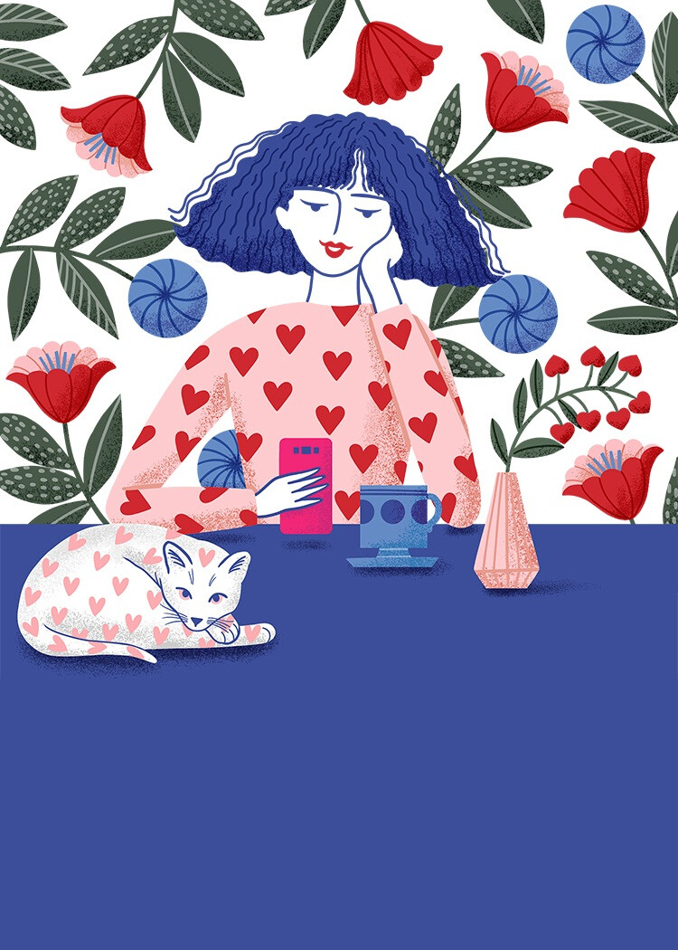 少女猫插画by画师rena