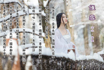 【催雪 】南宋‧姜夔
風急還收，雲凍未解，海闊無人翦水。算六出工夫，怎教容易。剛被郢歌楚舞，鎮獨向、尊前飄輕細。謝庭吟咏，梁園宴賞。未成歡計。
天意。是則是。怎下得控持，柳梢梅蕊。又爭奈、看看漸回春意…