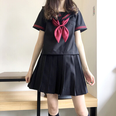 正统 夏赤二本基础款JK制服日本水手服短袖+短裙学生校班服套装女