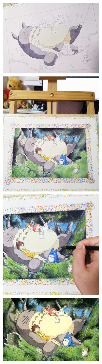今年又画了一次大龙猫，每个人的心里都保留着一处童话世界吧！工具：获多福细纹水彩纸，荷尔拜因108色颜料，史明克24色固体颜料，果冻水粉颜料，毛笔