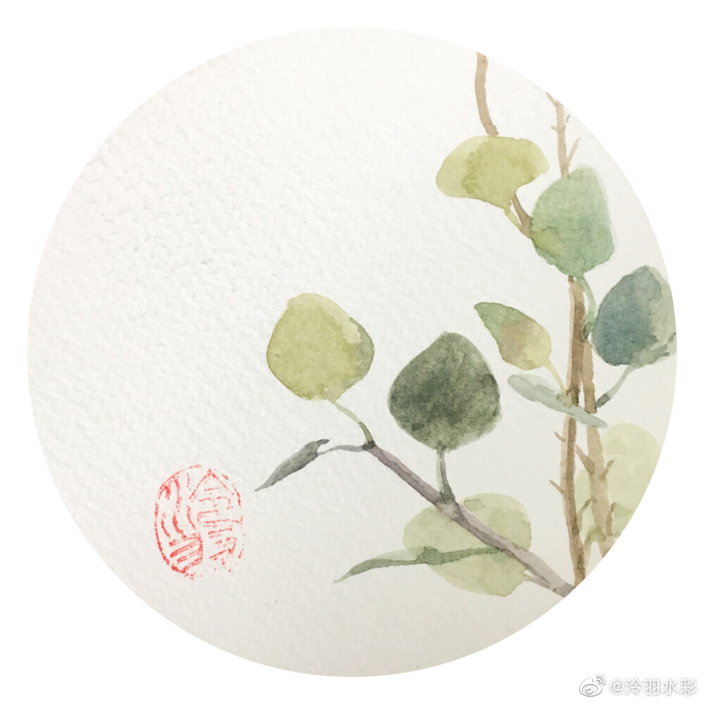 水彩圆形小品系列九宫格：春花秋月何时了，往事知多少。 #水彩花卉#水彩 （作者： 泠羽水彩 ）