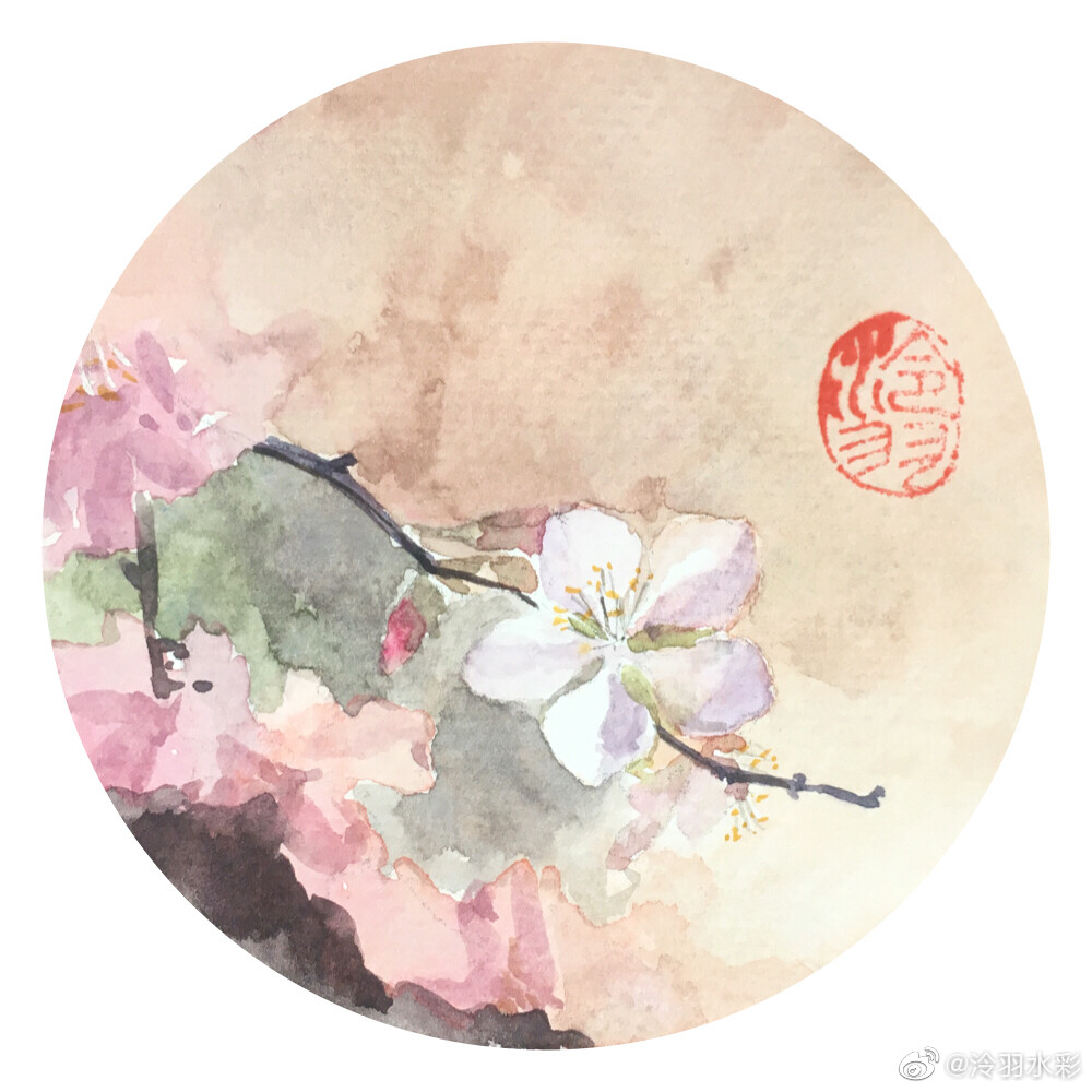 水彩圆形小品系列九宫格：春花秋月何时了，往事知多少。 #水彩花卉#水彩 （作者： 泠羽水彩 ）