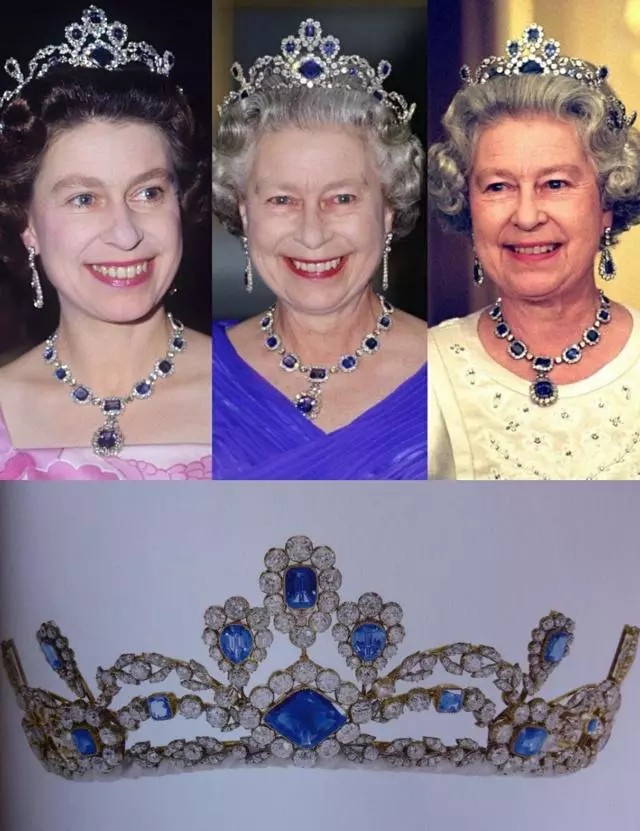 英国王室的比利时蓝宝石头饰（The Belgian Sapphire Tiara）
1947年，现任英国女王收到了她父亲乔治六世送给她的结婚礼物：一条漂亮的蓝宝石钻石项链和耳环。为了搭配父亲送给她的首饰，1963年，伊丽莎白女王委托珠宝商将一条原本是比利时某公主佩戴过的蓝宝石项链改造成了一顶蓝宝石王冠和手镯。蓝色是欧洲皇室贵族中最为尊贵的颜色，英国女王有“彩虹女王”的称号，她穿遍各种颜色，但最爱的还是蓝色。根据英国媒体报道，女王所有的衣服配饰中，蓝色的占29%，遥遥领先其他颜色。这顶蓝宝石王冠一段时间内成为女王的最爱，频繁佩戴。女王的这套蓝宝石王冠不大，但造型精致，项链上镶嵌的蓝宝石很大颗，颜色很深邃。