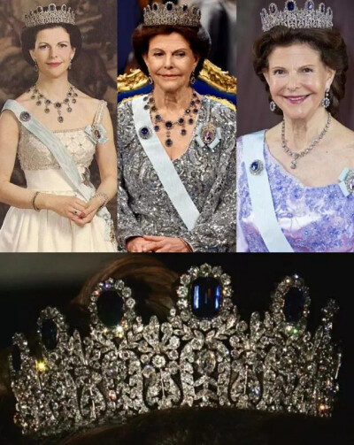 瑞典王室的洛伊希滕贝格蓝宝石王冠套件（The Leuchtenberg Sapphire Parure Tiara)
瑞典王室的大王冠有不少，这顶蓝宝石王冠的尺寸较大，镶有许多巨大的蓝宝石，因此整体造型非常富丽堂皇。这顶王冠的很独特，不同…