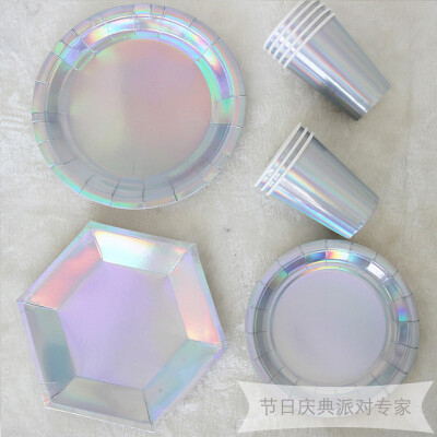 Rainbow Iridescent PaperPlate镭射纸盘纸杯彩虹派对圆盘六角盘