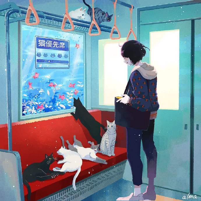 少女 猫咪 插画 画师 alma 作品