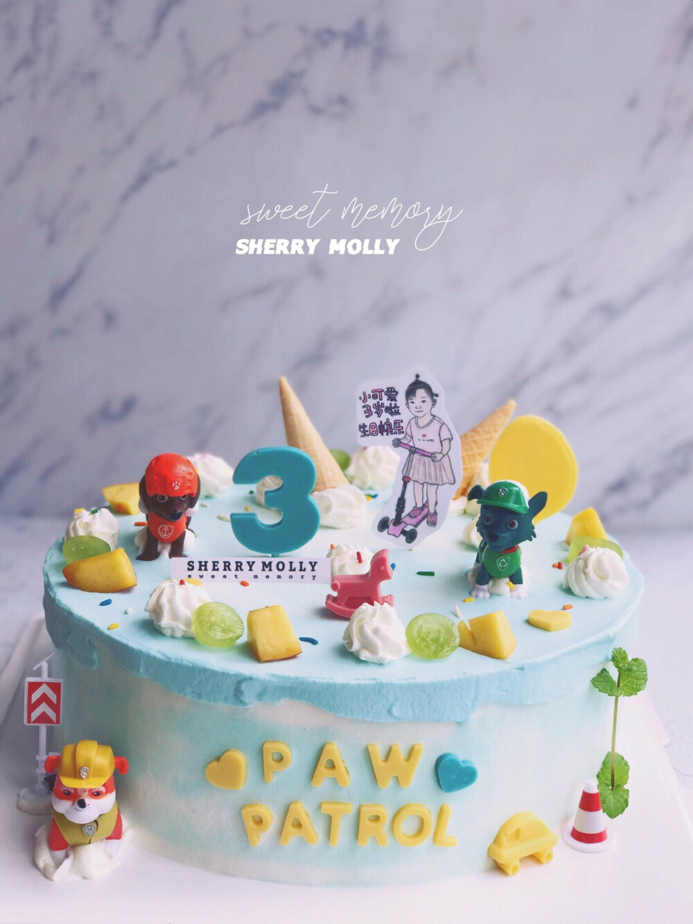 #SHERRY Molly家の下午茶#—『巧克力大cake』老客人订的cake～小朋友3周岁生日 这次要了汪汪队主题哒 还蛮巧的 每次的cake感觉都是蓝色系哒蓝色为主 装饰黄色 绿色 红色～整体看起来就很夏日清爽 又不失热闹 特别适合小朋友呢～