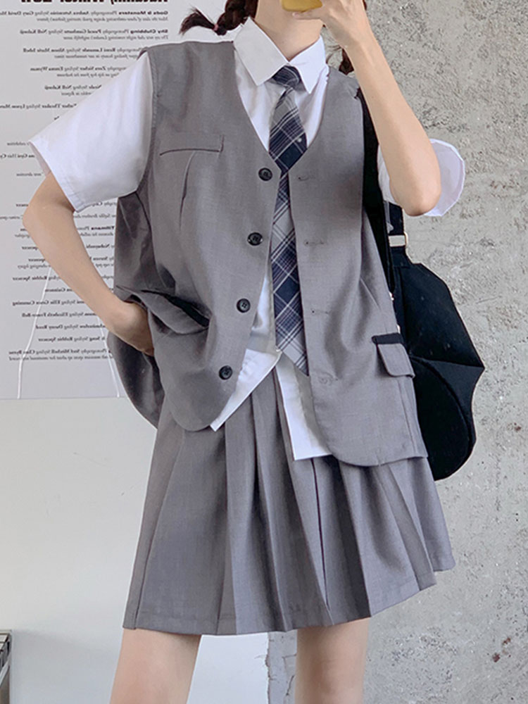 夏装韩版2019新款宽松V领拼色口袋条纹俏皮减龄马甲制服少女套装