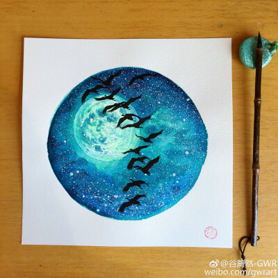 水彩画 星空手绘水彩