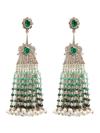 Main View - Click To Enlarge - Aishwarya - Diamond pavé emerald pearl fringe drop earrings