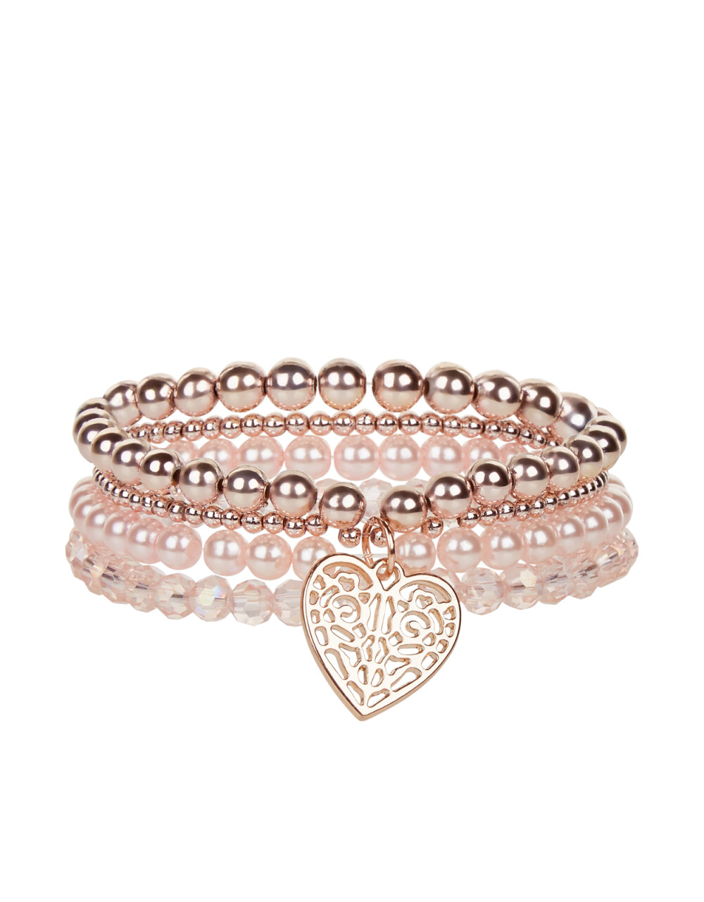 Monsoon | 4x Sparkle Filigree Heart Bracelets | Pink | One Size : Held together with a beautiful filigree heart charm, our set of four beaded stretch bracelets for girls is sure to be the firm favourite in her jewellery box...