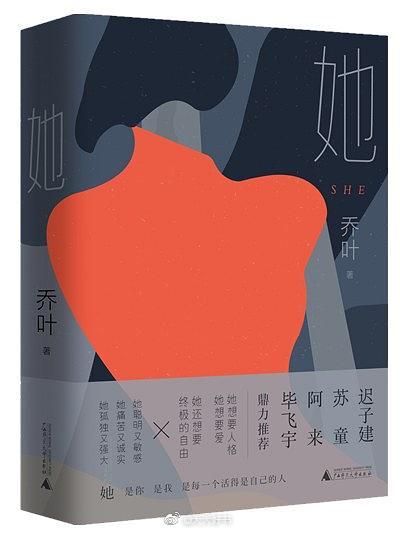 【新书】《她》是小说家乔叶创作的部分女性题材作品的集结，收入《象鼻》《妊娠纹》《黄金时间》等中短篇小说。作者从婚姻生活、情感世界、家庭伦理、社会道德等多个角度，描绘了一系列女性形象，展示了女性隐秘的另一面。每篇的女主人公都没有姓名，叙述者皆为“她”，主要探讨当代女性的生存与精神困境，特别有冲击力和话题感。作者以匿名的“她”为指代，着意开掘当代女性幽微深沉的心理世界。