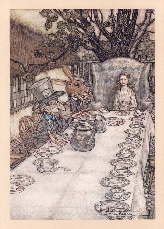 1907年英国插画家Arthur Rackham绘制的Lewis Carroll经典童话《爱丽丝梦游仙境》，从此一举成名，此後他画了许多著名的作品，包括《仲夏夜之梦》、《尼布龙根的指环》。。。Rackham的画有点邪邪的，但是透露出神秘与奇幻的元素和气氛。