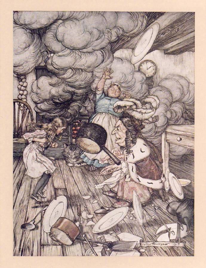 1907年英国插画家Arthur Rackham绘制的Lewis Carroll经典童话《爱丽丝梦游仙境》，从此一举成名，此後他画了许多著名的作品，包括《仲夏夜之梦》、《尼布龙根的指环》。。。Rackham的画有点邪邪的，但是透露出神秘与奇幻的元素和气氛。