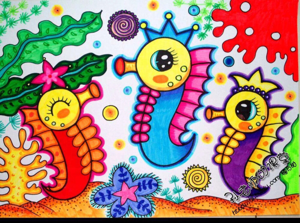 儿童创意画。创意线描，水彩笔，马克笔。