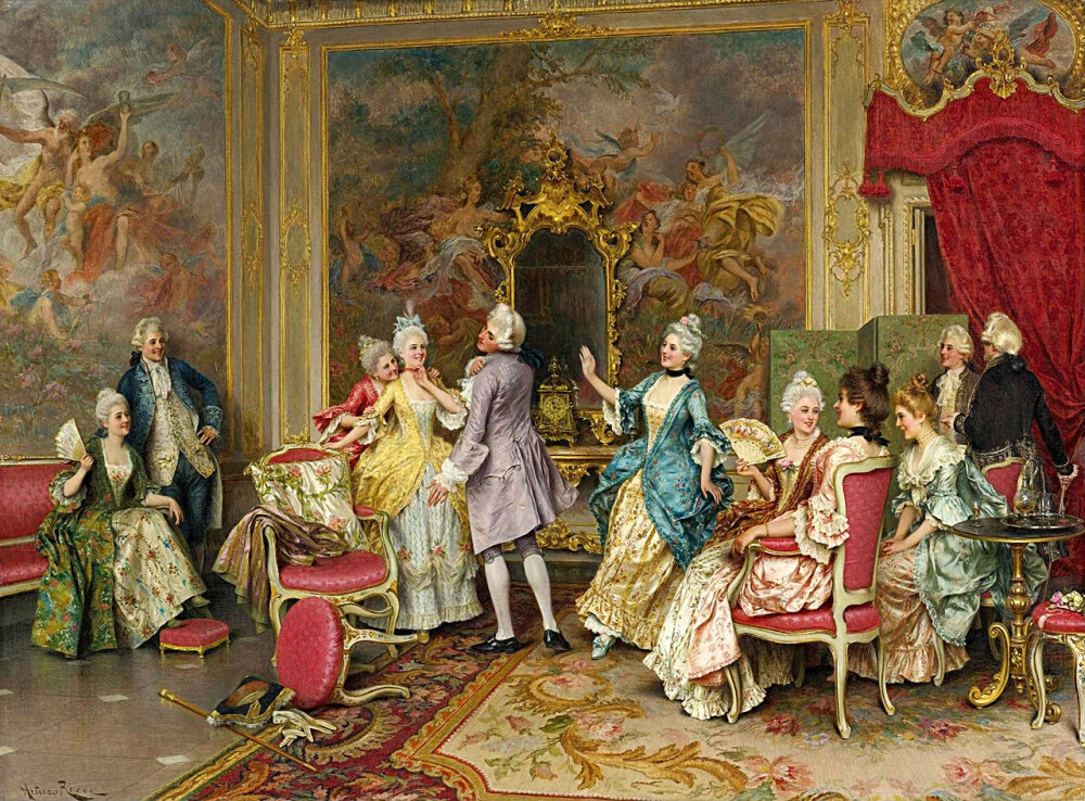 阿图罗·里奇（Arturo Ricci）笔下欢聚一堂的贵族们。阿图罗是来自意大利19世纪的著名风俗画家，师从佛罗伦萨美术学院教授蒂托·康蒂，擅长以贵族生活为灵感进行创作，作品色彩绚丽、笔触精准，收藏价值极高。 ​​​