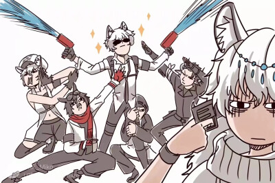 #明日方舟# 喀兰贸易 银灰 初雪 崖心 角峰 讯使
「----初雪，你哥来看你了！」
画师：灰灰_Miko