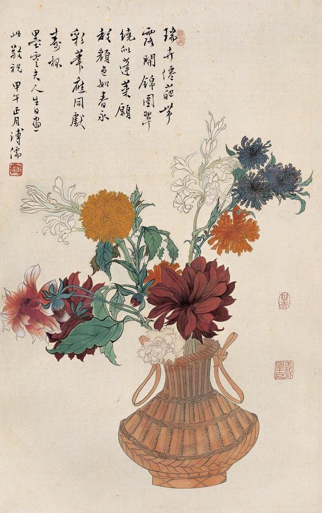 溥儒先生花卉最少见，却都是逸品，毫无烟火俗气
《瑞卉仙葩》72×45cm
此画款识：“瑞卉仙葩带露开，锦园翠绕似蓬莱。愿教颜色如春永，彩笔应同献寿杯。墨云夫人生日画此敬祝，甲午正月溥儒。”
这是溥儒为自己的爱妻庆祝生日而作的一张工笔花鸟画。
款识诗词内容表明画家借鲜花寄托他希望妻子芳华永驻的美好心愿，也表达了他对妻子深厚的情意。画中以细笔勾勒鲜花形态，婀娜多姿，设色典雅，端庄明丽，给人以雍容华贵之感。