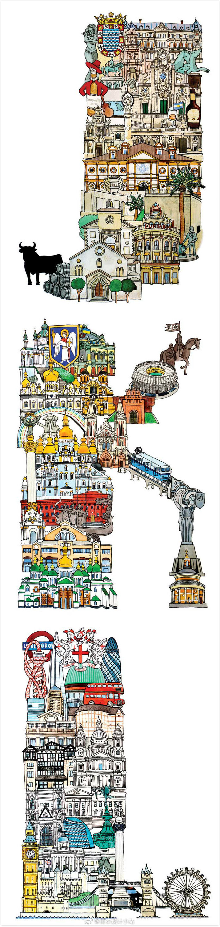 日本插画师Hugo Yoshikawa将欧洲26个城市的建筑用字母绘制出来，其中还包括当地的著名景点，你能认出几个？