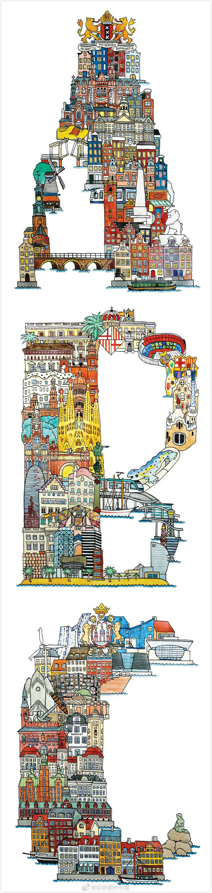 日本插画师Hugo Yoshikawa将欧洲26个城市的建筑用字母绘制出来，其中还包括当地的著名景点，你能认出几个？