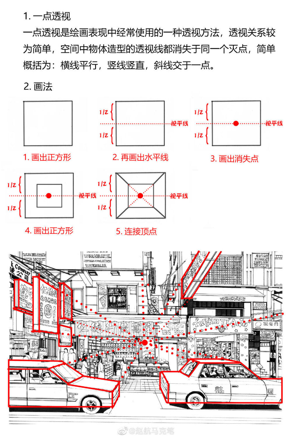 透视干货！手绘街景中透视原理及画法详解
作者： 赵航马克笔
PS:今天努力了吗
离梦想近一点点了吗 ^_^ 