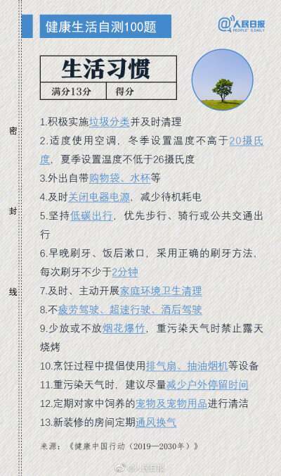 【国家标准！#健康生活自测100题#，你能拿多少分】近日，国家层面出台《健康中国行动（2019—2030年）》，为我们实现健康的生活方式提供了详细指导。人均每日食盐摄入量不高于5g、每天达到6000-10000步的身体活动量…