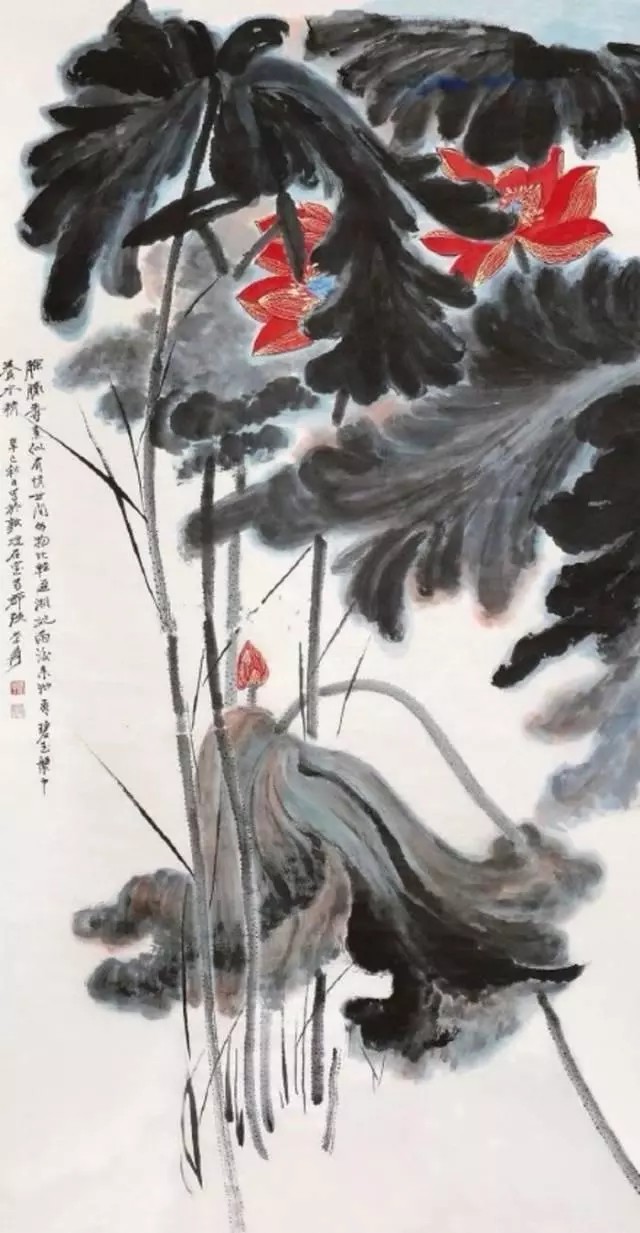 张大千的画荷作品
大千画过朱荷、粉荷、黄荷、白荷、墨荷、金壁荷，画过风荷、晴荷、雨荷、秋荷，画过没骨荷、工笔荷、写意荷等，他笔下的荷花均是落落大方，雅俗共赏，娇艳而不俗，沉着而不浮，生动而不匠。