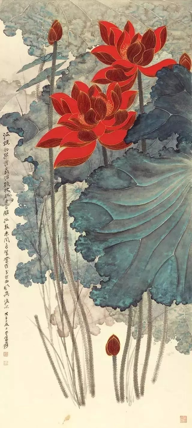 张大千的画荷作品
大千画过朱荷、粉荷、黄荷、白荷、墨荷、金壁荷，画过风荷、晴荷、雨荷、秋荷，画过没骨荷、工笔荷、写意荷等，他笔下的荷花均是落落大方，雅俗共赏，娇艳而不俗，沉着而不浮，生动而不匠。