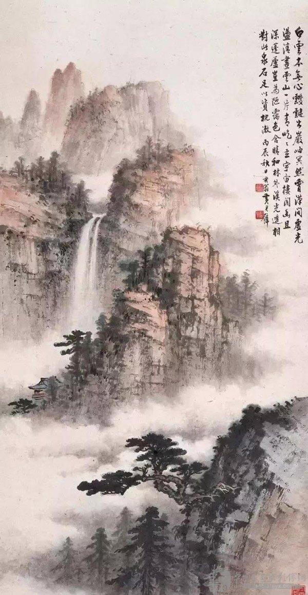 黄君璧的云水瀑布
黄君璧（1898—1991），中国现代著名国画艺术家、教育家，蒋介石夫人宋美龄国画老师。台湾画坛把溥心畲、张大千、黄君璧称为“渡海三家”。
黄君璧是一代山水画大师，尤以画云水瀑布为长。他笔下的作品雄伟壮丽，气势万千，自成一格，为世人所赞誉。
古人云：智者乐水，仁者乐山。纵情山水，在精致的小桥上、飞流的瀑布旁、潺潺的河流边、奇巧的树木下肆意歌唱……在山水的涤濯中，对内在世界的了解也逐渐加深，并逐渐达到了一种真正，超越物质世界、超越自我的人生境界。