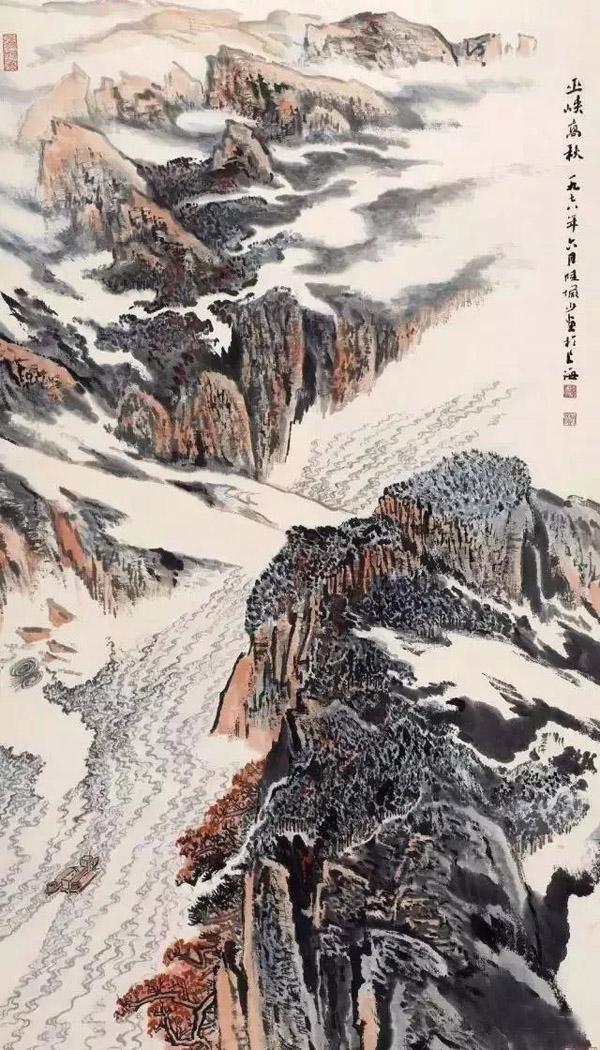 陆俨少的云水瀑布
陆俨少（1909年－1993年），一代山水画大师。
陆俨少画山水，尤善于发挥用笔效能，以笔尖、笔肚、笔根等的不同运用来表现自然山川的不同变化。云水为陆俨少绝诣，有雄秀跌宕之概。勾云勾水，烟波浩淼，云蒸雾霭，变化无穷。
古人云：智者乐水，仁者乐山。纵情山水，在精致的小桥上、飞流的瀑布旁、潺潺的河流边、奇巧的树木下肆意歌唱……在山水的涤濯中，对内在世界的了解也逐渐加深，并逐渐达到了一种真正，超越物质世界、超越自我的人生境界。