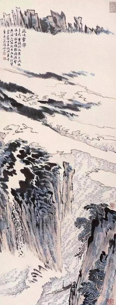 陆俨少的云水瀑布
陆俨少（1909年－1993年），一代山水画大师。
陆俨少画山水，尤善于发挥用笔效能，以笔尖、笔肚、笔根等的不同运用来表现自然山川的不同变化。云水为陆俨少绝诣，有雄秀跌宕之概。勾云勾水，烟波…