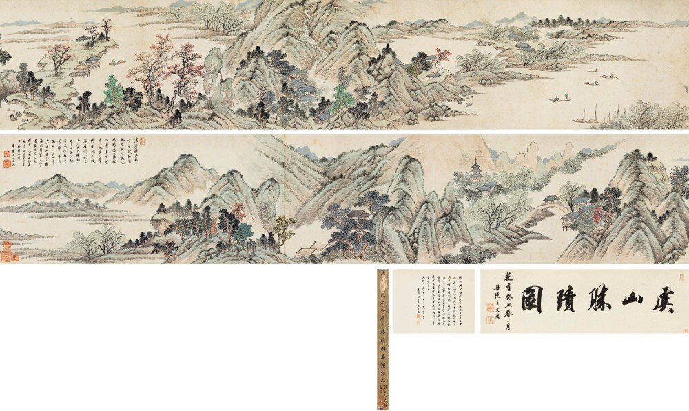 潘思牧 《虞山胜迹图》
1793年作 类 别：
规 格： 引首32×101.5cm；本幅32×339cm；题跋34×40cm
估 价： 500000-600000
著录：
款识： 引首：虞山胜迹图。乾隆癸丑春三月，丹徒王文治。
题跋：修竹满舍傍，长松当道周。青山生白云，隐隐屋上头。出门见溪水，有桥复有舟。天风作前驱，时引幽人游。琴尊侑高谈，兴尽不强留。静游羲皇梦，闲听尧民讴。命笔书喧凉，山林有春秋。独乐得深味。岂尝抱先忧。莫问此何人，吾当意中求。光绪二十年岁次甲午夏五月一日。道中何维朴观并题。
题本幅：浩渺沧江数千里，几幅蒲帆挂秋水。晓风吹断绿罗烟，百叠青峰望中起。虞山胜格倚云开，七级浮屠倒影来。山人久已谢朝市，日居江兴百尺台。松篁丛杂多啼鸟，隔岸人家丸弹小。此图此景入天机，谁能髣
钤印： 钤印：潘思牧印
鉴藏印：虞臣(2次)、闵竺峰五十年精力所宝藏、救虎阁主
引首印：文治私印、文章太守、柿叶山房。
题跋印：何维朴印、诗孙。
本幅印：王氏禹卿、王文治印
题签印：维、朴