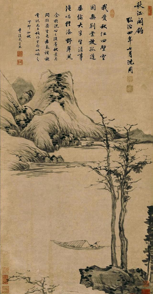 沈周 《秋江闲钓》
《秋江闲钓》是典型的三段式构图，近景石坡古树，中景广阔湖面，远景平缓矮山。这样构图的好处在于简单概括，在创作中舍去多余的细节才能更接近天然神韵，这样虚实结合的景色很符合文人的审美追求。这种三段式构图几乎出现在了所用倪瓒作品之中，被后人评为古淡天真的楷模。
倪瓒作品中很少出现人的形象，沈周为了画出自己的味道，在舟艇上添加了一个钓叟，让作品有了生活气息。倪瓒的山水画从明代中期开始受到世人的追捧，当时的达官显贵为了凸显门风高洁，都要收藏一幅倪瓒的画作。沈周以倪瓒为偶像，从他的作品中不断汲取灵感。